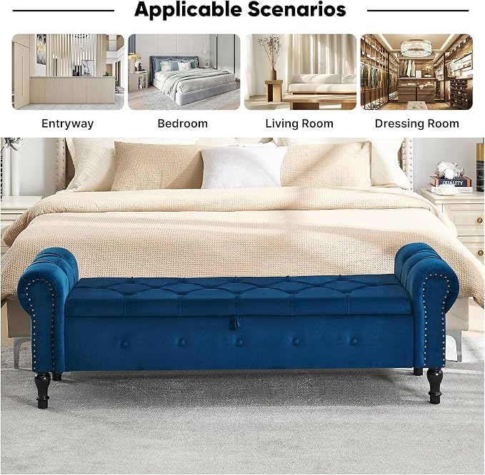 Storage Bench 67" Velvet End of Bed Benches Navy Blue | King Size Storage Bench for Bedroom with Rolled Arms Tufted Ottoman Benches Upholstered Bench for Living Room Entryway
