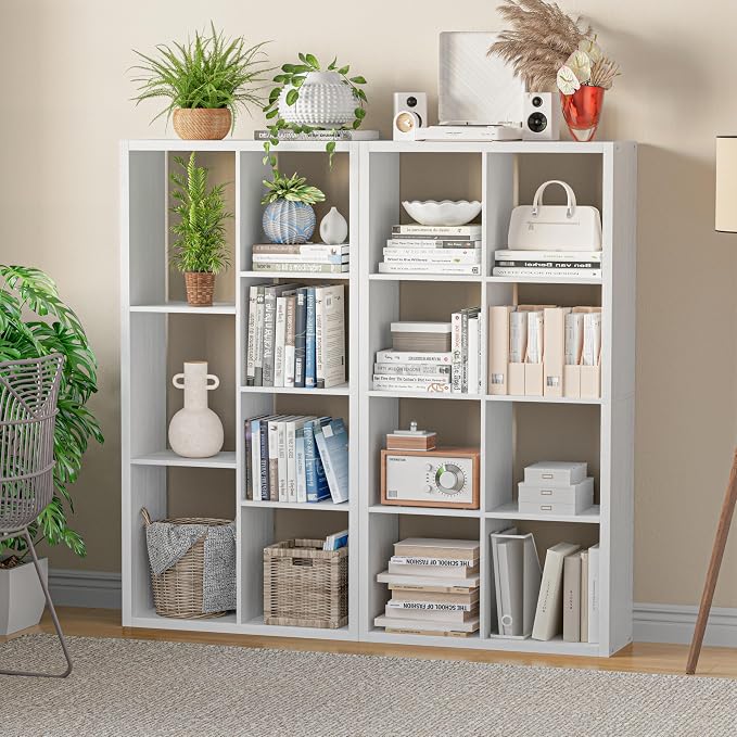 VDNEND Cube Storage Organizer Bookcase, Decorative 11 inch Open Back Cubical Shelf with Thickened Border, Display Bookshelf for Living Room, Home Office, Sturdy Room (White, 7 Cube,Standard)