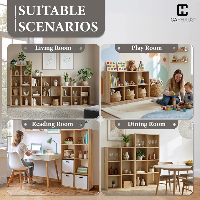 CAPHAUS Sturdy Room 11-Inch Cube Storage Organizer Shelf, with Thick Exterior Edge, Storage Shelf Divider w/Back, Bookcase, 9-Cube, Natural Oak
