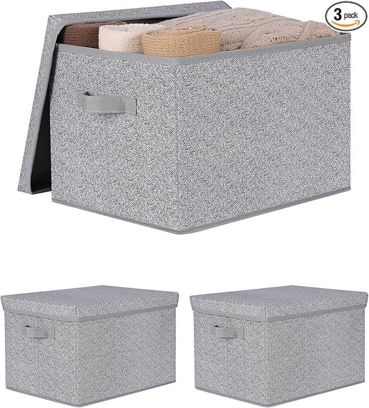 WUIKE Foldable Storage Bins with Lids, Storage Boxes with Handles, Closet Shelf Organizer, Fabric Storage Baskets with Cover for Bedroom, 3-Pack, Ash Gray, Extra Large
