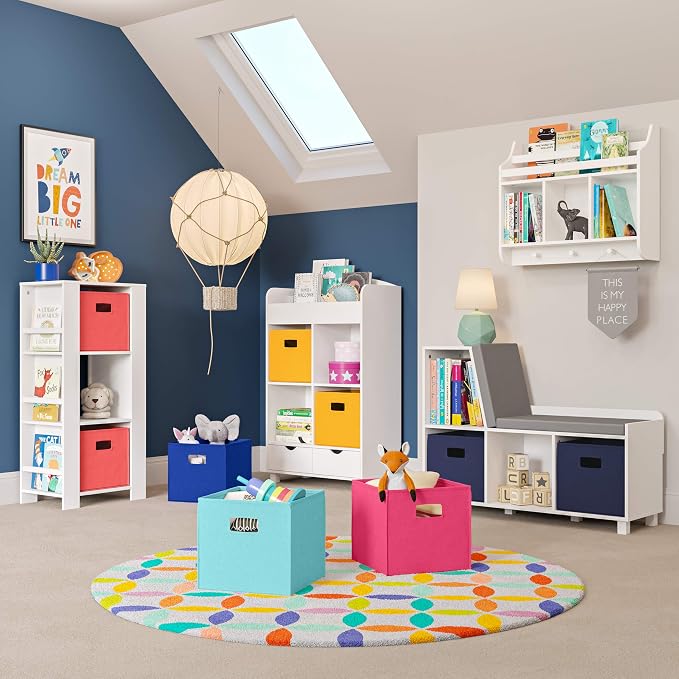 RiverRidge Folding Storage Bins - 2-pack of 10in Tall Aqua Cubes | Fabric Bins, Set of 2 Storage Cubes, Cut-out Handles, Playroom Closet Organizer, Collapsible Cubby with Bottom Board Insert