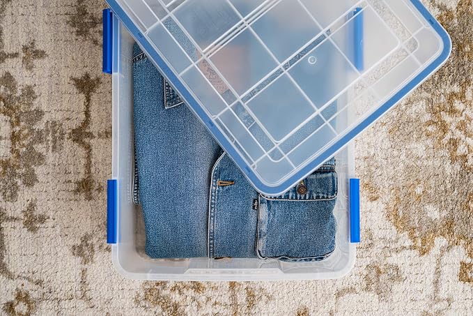 IRIS USA 3-Pack 26.5 Qt Storage Bins with Gasket Lids, Clear/Blue | WeatherPro seal protects everyday essentials in closets, offices and laundry rooms
