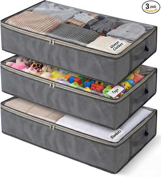 NeatNestly SmartCube Under Bed Storage Bags, 3 Pack Gray, 39" x 18" x 6" | Large Containers with Reinforced Handles, Foldable Underbed Storage Organizer for Clothing, Blankets & Shoes