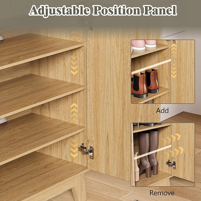 HUANLEGO Shoe Cabinet Storage for Entryway with Doors, Oak | 4 Tier Fluted Shoe Organizer with 2 Drawers, Shoe Storage with Adjustable Shelves, Freestanding Hidden Shoe Rack for Entryway