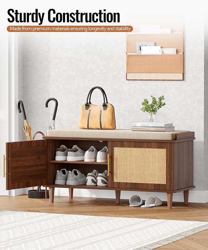 Akxomel 39.4" Rattan Shoe Storage Bench 2 Doors Entryway Bench Walnut | 2 Tier Shoe Bench with Padded Cushion, Adjustable Shelves and 2 Doors, Solid Wood Legs, for Hallway, Living Room, Bedroom