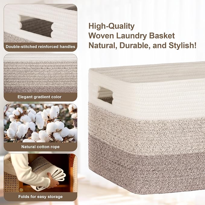45L Small Woven Laundry Basket Hamper with Handles, Gradient Brown | collapsible wicker hamper, storage for dirty clothes, toys, blankets, gifts, living room, bedroom, bathroom, 18"x14"x11"