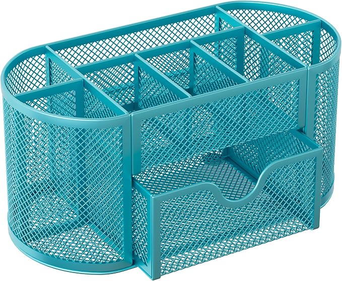 EasyPAG Mesh Pen Holder Desk Organizer with Drawer Stationery Supplies Organizer for Dorm School 9 Compartments Workspace Desk Accessories Organization for Office, Blue