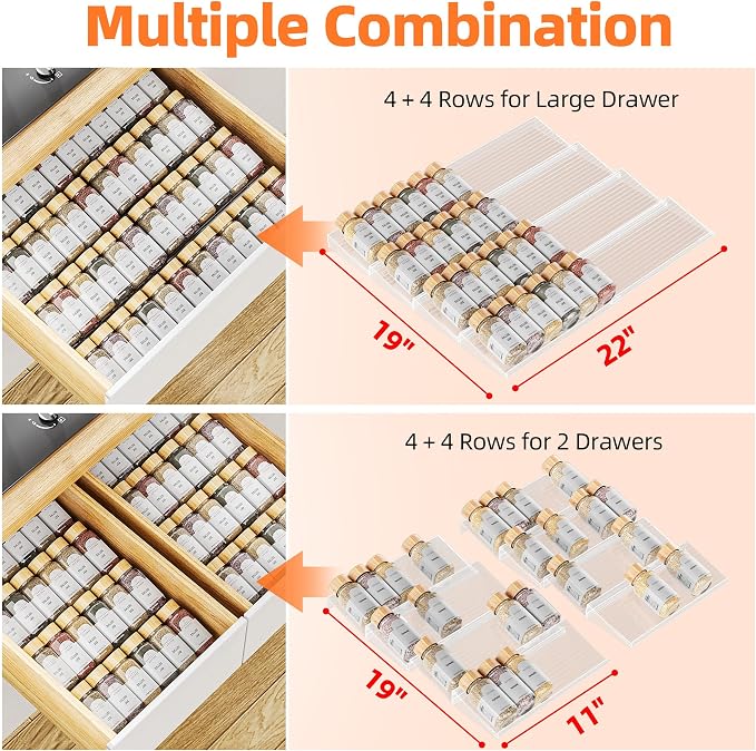 MUDEELA Clear Spice Drawer Organizer, 4 Tier- 2 Set (8 Packs) Spice Rack for Drawer, Expandable From 11" to 22" Kitchen Seasoning Organizers and Storage for Drawer (Jars not included)