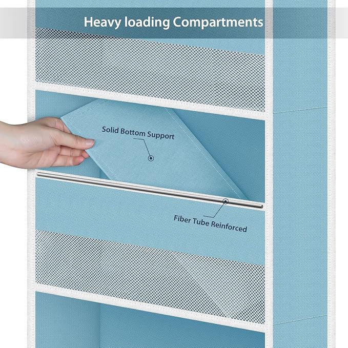 Univivi Fabric Over Door Hanging Organizer for Baby Nursery, Blue, 5-Shelf | Door Storage with Large Capacity Breathable Mesh Pockets, Over the Door Baby Organizer for Baby Essential, Bedroom, and Dorm