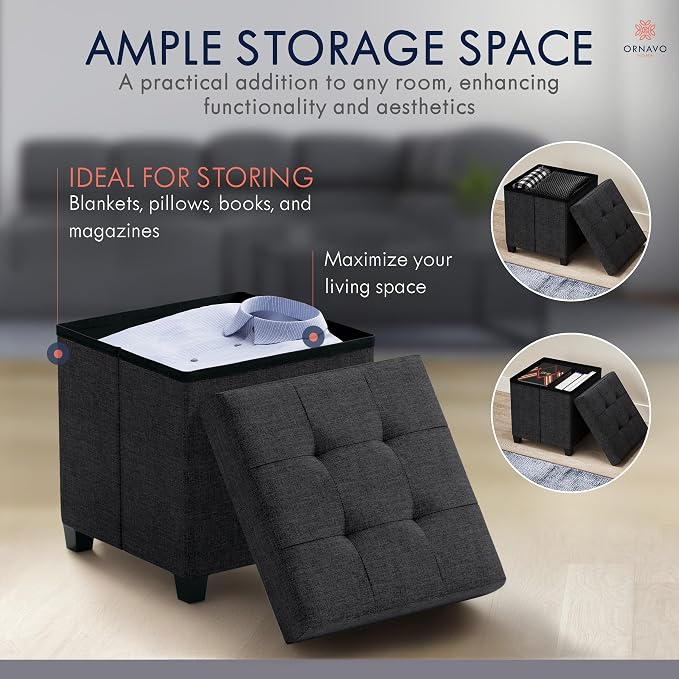 Ornavo Home Square Cube Storage Ottoman with Legs, 15x15x15, Black | Foot Rest Stool Seat; Holds Up to 600 lbs; Ideal for Living Room, Bedroom, Home Office or Dorm