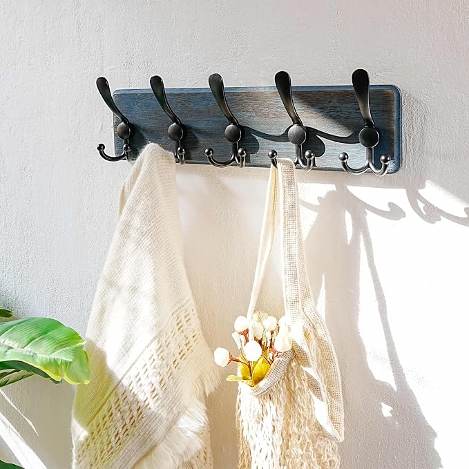 Coat Rack Wall Mount - Heavy-Duty Robust Barnwood-Style Wooden Wall Coat Hanger Hook Rail with 5 Triple Hooks for Winter Coats Hat Jacket Clothing, Weathered Blue & Black