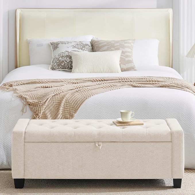 Huatean Home 43" Ottoman with Storage, Beige Storage Ottoman Bench | Upholstered Entryway Bench with Seating for Bedroom, Living Room, with Safety Hinge Holds up to 330 lb