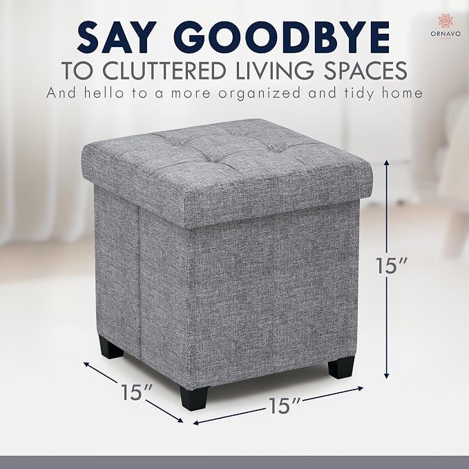Ornavo Home Square Cube Storage Ottoman with Legs, 15x15x15, Gray | Foot Rest Stool Seat; Holds Up to 600 lbs; Ideal for Living Room, Bedroom, Home Office or Dorm