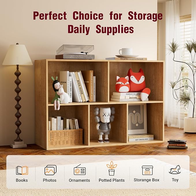 Book Shelf, Wooden Cube Storage Organizer with 11" Open Cubes, Stackable Modular Bookcase for Room Divider Storage, 2 Tier Bookshelf for Living Room, Bedroom, Office (Oak, 5-Cube)