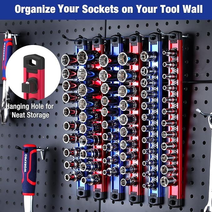 WORKPRO Magnetic Socket Organizer Set, 6-Piece 1/4” 3/8” 1/2” Socket Rails | 2-Piece 1/4-Inchx12 Clips, 2-Piece 3/8-Inchx10 Clips, 2-Piece 1/2-Inchx10 Clips, Aluminum Alloy, Rotatable & Movable Clip