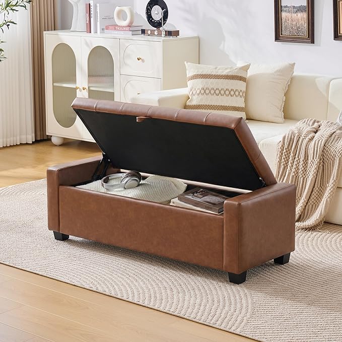 Huatean Home 48" Ottoman with Storage, Brown Storage Ottoman Bench | Upholstered Entryway Bench with Seating for Bedroom, Living Room with Safety Hinge, Holds up to 330 lb