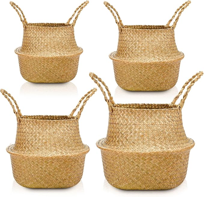 Qunclay 4 Pcs Woven Seagrass Baskets Belly Basket Folding Boho Natural Plant Pot with Handles Round Decorative Wicker Large Indoor Planter for Home Outdoor Tree Planters Decor (Xs,S,M,L)
