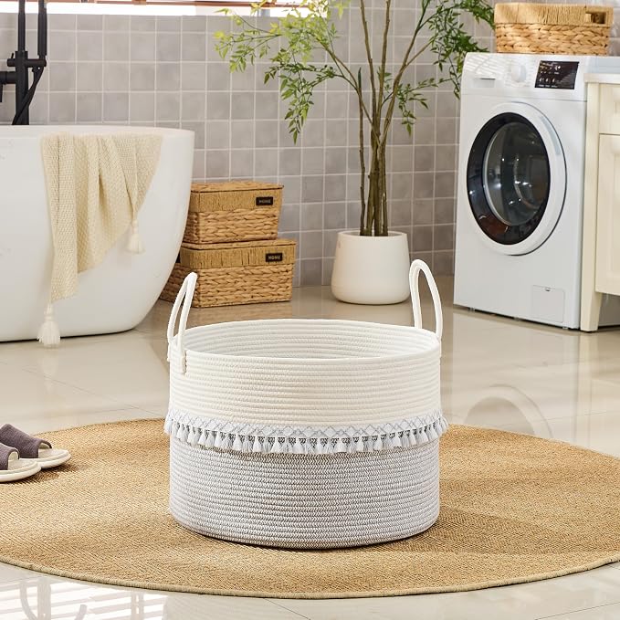 KAKAMAY Large Blanket Basket with Handles, Storage Basket for Living Room | Extra Large Capacity | Natural Cotton Rope | Blanket Storage | Woven Storage Basket | Stuffed Animal Storage | Laundry Basket