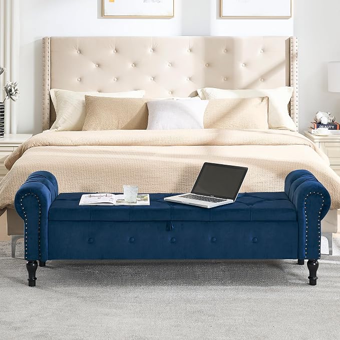 Storage Bench 67" Velvet End of Bed Benches Navy Blue | King Size Storage Bench for Bedroom with Rolled Arms Tufted Ottoman Benches Upholstered Bench for Living Room Entryway