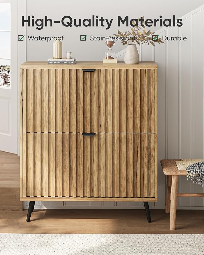 Shoe Storage Cabinet, Fluted Shoe Cabinet Storage for Entryway, Hidden Shoe Cabinet with Metal Legs,Shoe Organizer Cabinet with Flip Doors, Slim Entryway Shoe Storage Cabinet, Natural Wood-31.5in