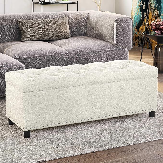 BELLEZE Storage Ottoman, Tufted Ottoman with Close Hinge, Foot Rest for Living Room (White, 47 inch)