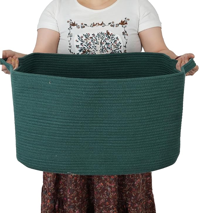 XUANGUO Large Woven Cotton Rope Blanket Basket 22"x17"x12" Dark Green | Storage basket for nursery and living room; toy basket for kids, dog toy storage, or laundry basket for clothes and towels.