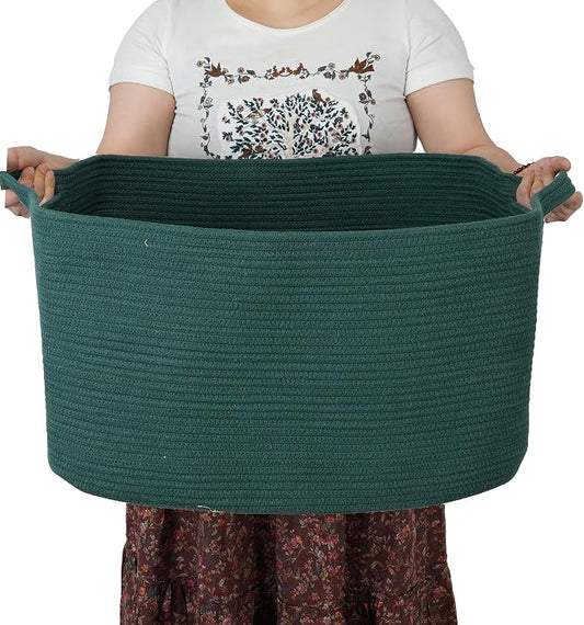 XUANGUO Large Woven Cotton Rope Blanket Basket 22"x17"x12" Dark Green | Storage basket for nursery and living room; toy basket for kids, dog toy storage, or laundry basket for clothes and towels.
