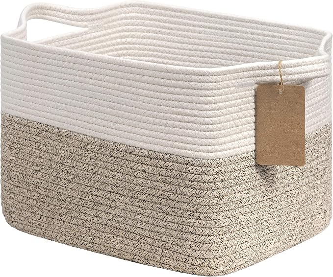Goodpick Woven Rope Storage Basket for Shelves, Rectangle, Light Brown | 13" × 10" × 9" Stylish Gift Basket for Home Organization, Fits Dog Toys, Books & Nursery Essentials Storage, Writable Label