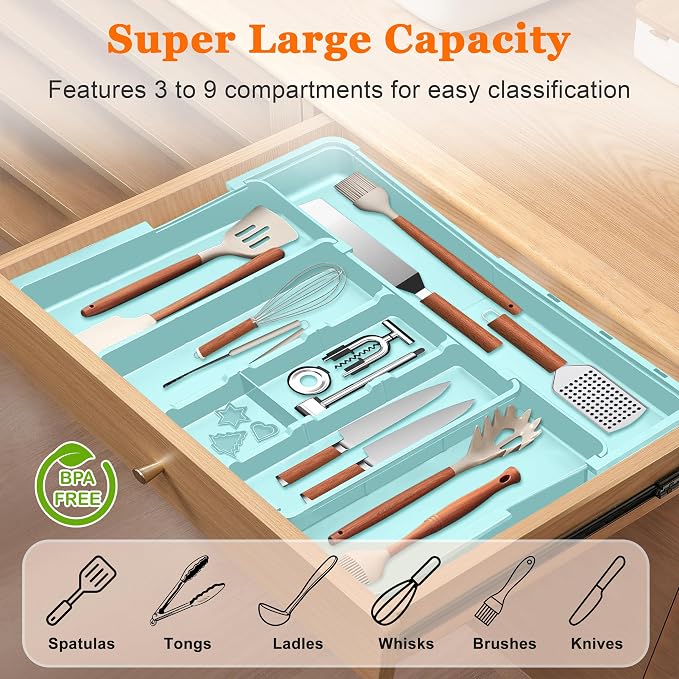 Large Utensil Drawer Organizer Expandable Silverware Organizer for Kitchen Drawer Adjustable Cooking Utensil Holder Cutlery Flatware Tray Spatula Tools Gadgets Storage Dividers Plastic Turquoise