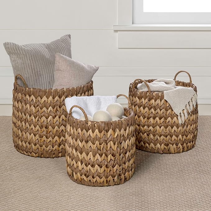 happimess Cassia 3-Piece Handwoven Hyacinth Nesting Baskets, Brown/Natural | Two-Tone Style, Integrated Round Handles, Durable Iron Metal Frame, Coastal Farmhouse Decor, Living Room Storage Containers
