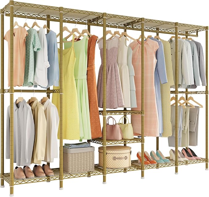 Higeego H5 Heavy Duty Clothes Rack, Freestanding Clothing Rack, Gold | 93.3"Wx15.7"Dx75.4"H, Large Garment Rack, Freestanding Clost Rack for hanging clothes, with Adjustable Shelf, Load 1400 lbs