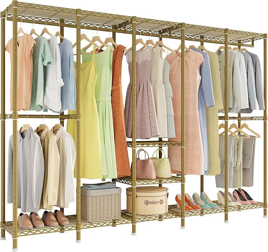 Higeego H5 Heavy Duty Clothes Rack, Freestanding Clothing Rack, Gold | 93.3"Wx15.7"Dx75.4"H, Large Garment Rack, Freestanding Clost Rack for hanging clothes, with Adjustable Shelf, Load 1400 lbs