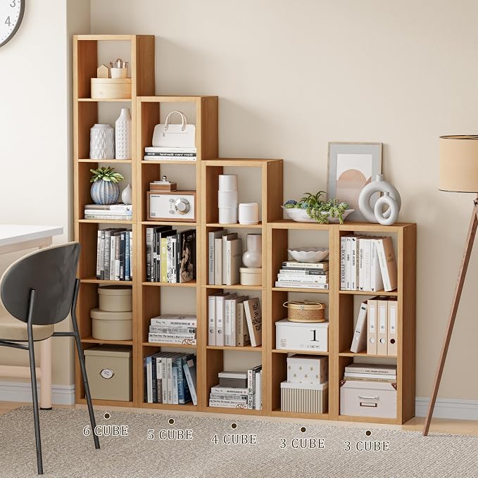 VDNEND Tall Cube Storage Organizer Bookcase, 6 Tier 11 inch Open Back Cubical Shelf with Thickened Border, Display Bookshelf for Living Room, Home Office, Sturdy Room (Natural Oak, 6 Cube,Vertical)