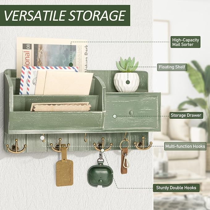 Rebee Vision Key Holder Wall Mount with Mail Sorter for Room Decor, Green | Pine Wood Key Holder for Wall with Drawer Storage, 7 Hanging Hooks, Rustic Apartment Essentials for Home Improvement
