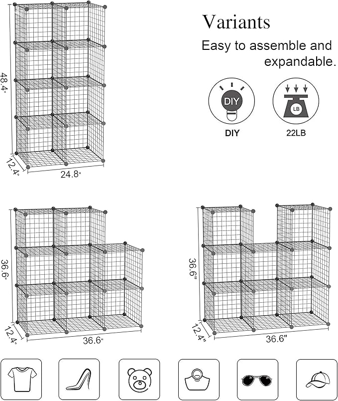 C&AHOME Wire Cube Storage, 8-Cube Organizer Metal C Grids Storage, Storage Bins Shelving, Modular Book Shelf, DIY Closet Cabinet Ideal for Living Room, Home, Office 24.8" L x 12.4" W x 48.4" H Black | Storage Bins Shelving, Modular Shelves, DIY Closet ...
