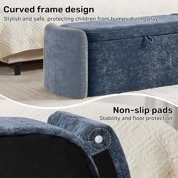 Oval Ottoman Bench with 20 Gal of Storage Space Upholstered Chenille Seat End of Bed Storage Bench Storage Ottoman with Storage for Bedroom, Living Room, Entryway, Window(Blue)