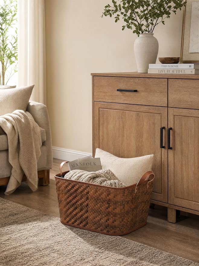 BROWNLILY Oversized Storage Baskets Laundry Hampers with Structured Frame & Supported Bottom, Extra Large Closet Bins for Shelves Blankets Car Bedroom Bathroom Organizers (Pack of 4, Brown)