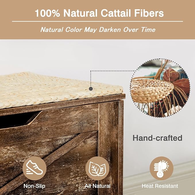 VECELO 30" Storage Chest with Lift Top Storage, Farmhouse Style Ottoman with Handwoven Wicker Cushion, Safety Hinges, Ideal for Entryway, Bedroom, Living Room, Walnut Brown