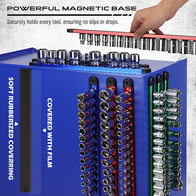 Magnetic Socket Holder Organizer Set: 9-Piece Detachable 1/4, 3/8, 1/2 Socket Trays Socket Organizer for Tool Box Drawer Holds 120-Piece Standard Size Sockets for Automotive Garage(Blue Red Green)