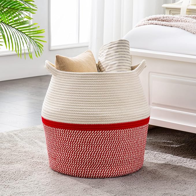 KAKAMAY Woven Baskets for Storage(17"x17"),Large Cotton Rope Woven Baby Laundry Hamper,Collapsible Laundry Basket, Blanket Basket for Organizing Living Room,Nursery,Pillows,Toy Chest(Red)