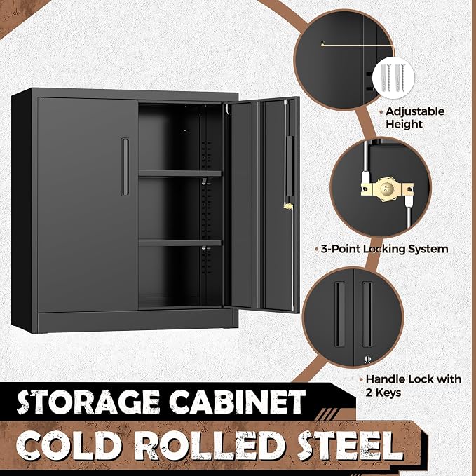 INTERGREAT Steel Storage Cabinet with Lock, Lockable Metal Storage Cabinets with 2 Adjustable Shelves, Black Counter Height Garage Cabinet