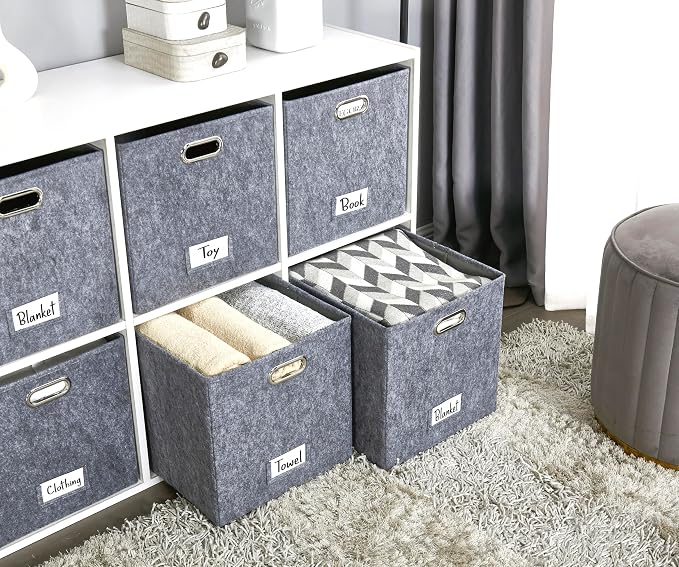 DECOMOMO Felt Storage Bins, 11 inch Cube Storage Bin with Labels | 6 Pack Storage Baskets for Shelves, Kallax (Dark Grey)