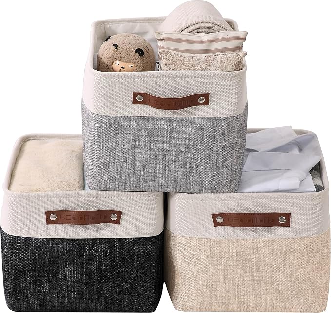 DECOMOMO Storage Bins, Large Fabric Storage Baskets for Shelves 3 Pack | 15 x 11 x 9.5 inches Decorative Linen Closet Organizers (Mixed Neutral)