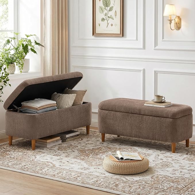 39.4”Ottoman with Storage Set of 2,Upholstered Comfy Storage Bench Ottoman with Wooden Legs,End of Bed Bench Footstool for Hallway Entryway Bedroom Living Room Corner Brown