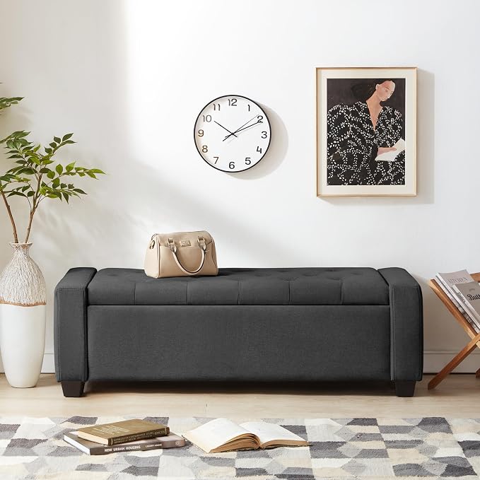 Huatean Home 48" Ottoman with Storage, Dark Gray Storage Ottoman Bench | Upholstered Entryway Bench with Seating for Bedroom, Living Room, Holds up to 330 lb with Safety Hinge