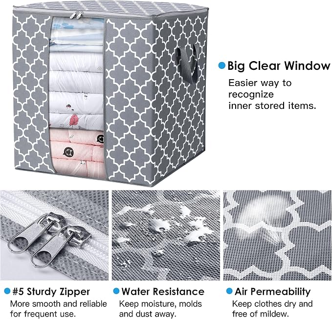 WISELIFE Storage Bags 2 Pack/100L Large Blanket Clothes Organization and Storage Containers for Comforters,Bedding, Foldable Organizer with Reinforced Handle, Clear Window, Sturdy Zippers,Light Gray