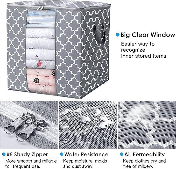 WISELIFE Storage Bags 4 Pack/100L Large Blanket Clothes Organization and Storage Containers for Comforters,Bedding, Foldable Organizer with Reinforced Handle, Clear Window, Sturdy Zippers,Light Gray
