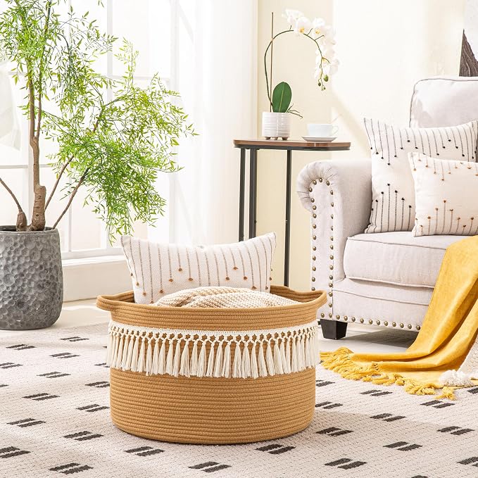 KAKAMAY Large Blanket Basket with Handles, Storage Basket for Living Room | Extra Large Capacity | Natural Cotton Rope | Blanket Storage | Woven Storage Basket | Stuffed Animal Storage | Laundry Basket