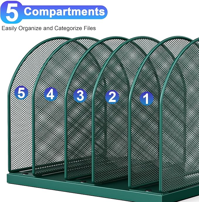 gianotter Desktop File Organizer, Desk Organizer with 5 Compartments, Paper Organizer for Desk, Workspace Organizers for Office Supplies (Green, Upright Style)