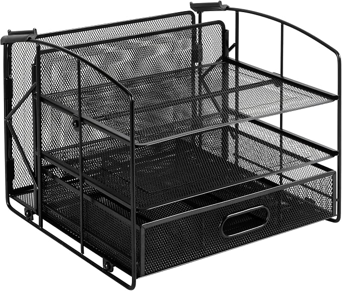 Amazon Basics Sturdy Rectangular Desktop Organizer with 3 Trays, Sliding Drawer and Hanging File Holder for Office Supplies, Black